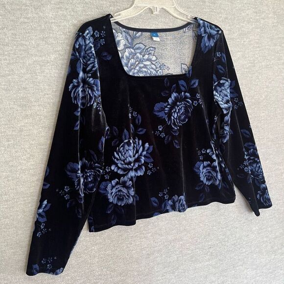 Old Navy Velvet Floral Top Womens XL Fitted Black Blue Whimsigoth Dark Romantic - Picture 2 of 9